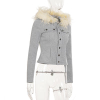 Women’s Faux Fur Hood Buttoned Zip Jacket – Gray Slim Fit Winter Outerwear