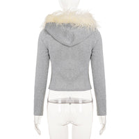 Women’s Faux Fur Hood Buttoned Zip Jacket – Gray Slim Fit Winter Outerwear
