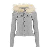 Women’s Faux Fur Hood Buttoned Zip Jacket – Gray Slim Fit Winter Outerwear