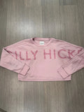 Gilly Hicks pink cropped graphic sweatshirt, front view laid flat with sleeves