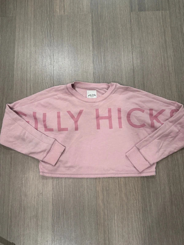 Gilly Hicks pink cropped graphic sweatshirt, front view laid flat with sleeves