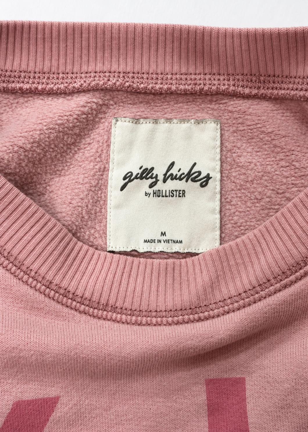 Gilly Hicks pink cropped sweatshirt, brand and size label close-up