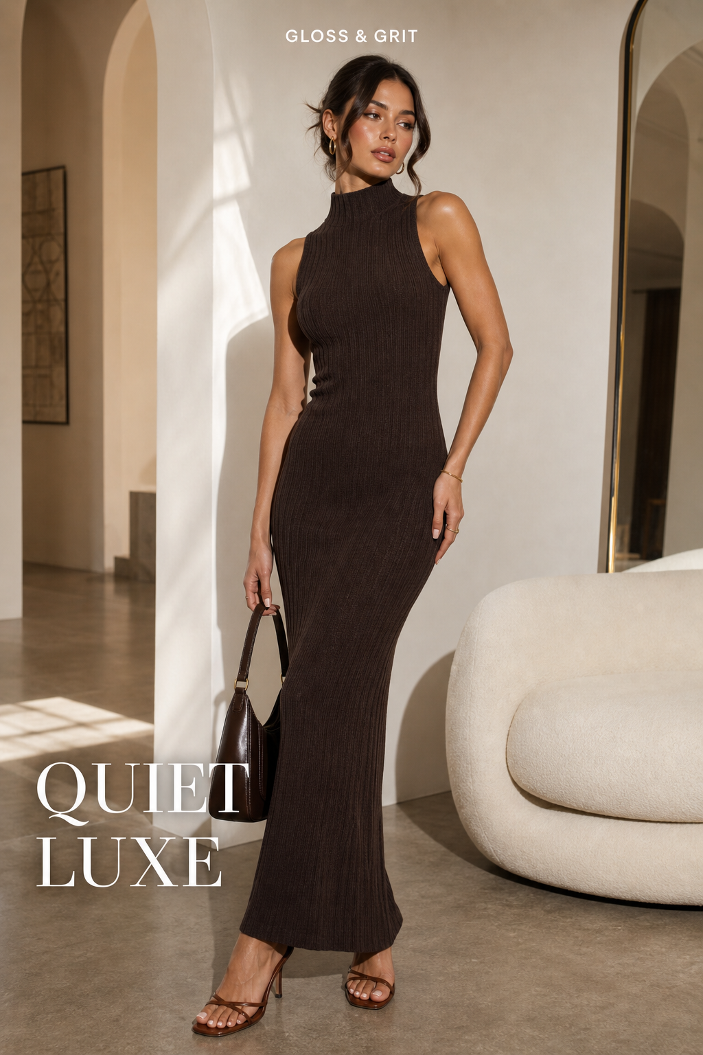 Gloss & Grit marketing image for the Camille Knit Maxi Dress