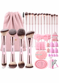 HGHDBT pink makeup brush set with carrying pouch, sponges, puffs, and accessories