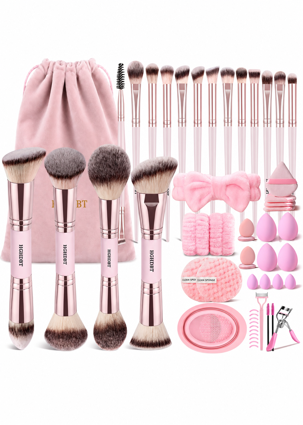 HGHDBT pink makeup brush set with carrying pouch, sponges, puffs, and accessories