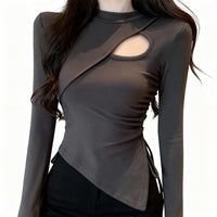 Women’s Sexy Cutout Long Sleeve Top – Asymmetric Fitted Drawstring Shirt