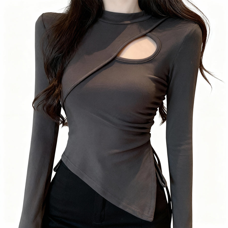 Women’s Sexy Cutout Long Sleeve Top – Asymmetric Fitted Drawstring Shirt