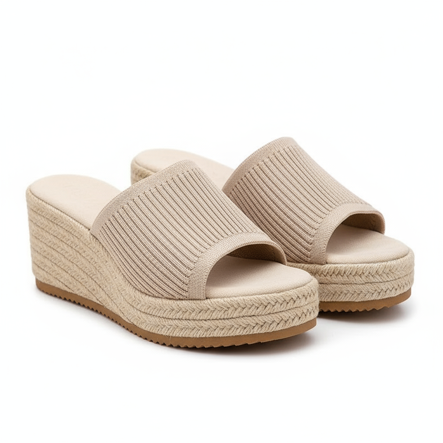 Women’s Platform Slide Sandals with Woven Straw Sole – Beige Slip-On Shoes