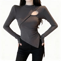 Women’s Sexy Cutout Long Sleeve Top – Asymmetric Fitted Drawstring Shirt