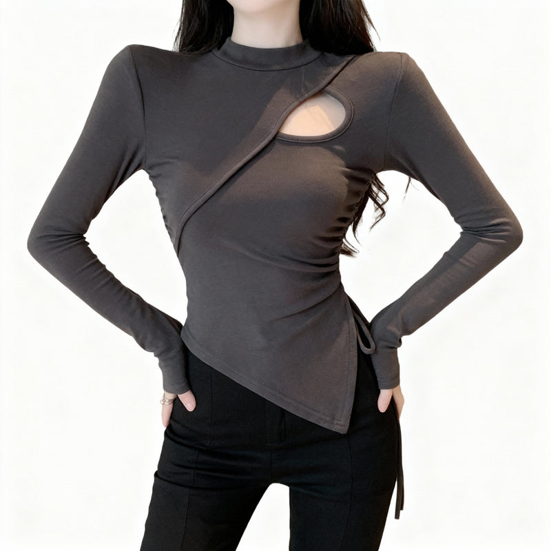 Women’s Sexy Cutout Long Sleeve Top – Asymmetric Fitted Drawstring Shirt