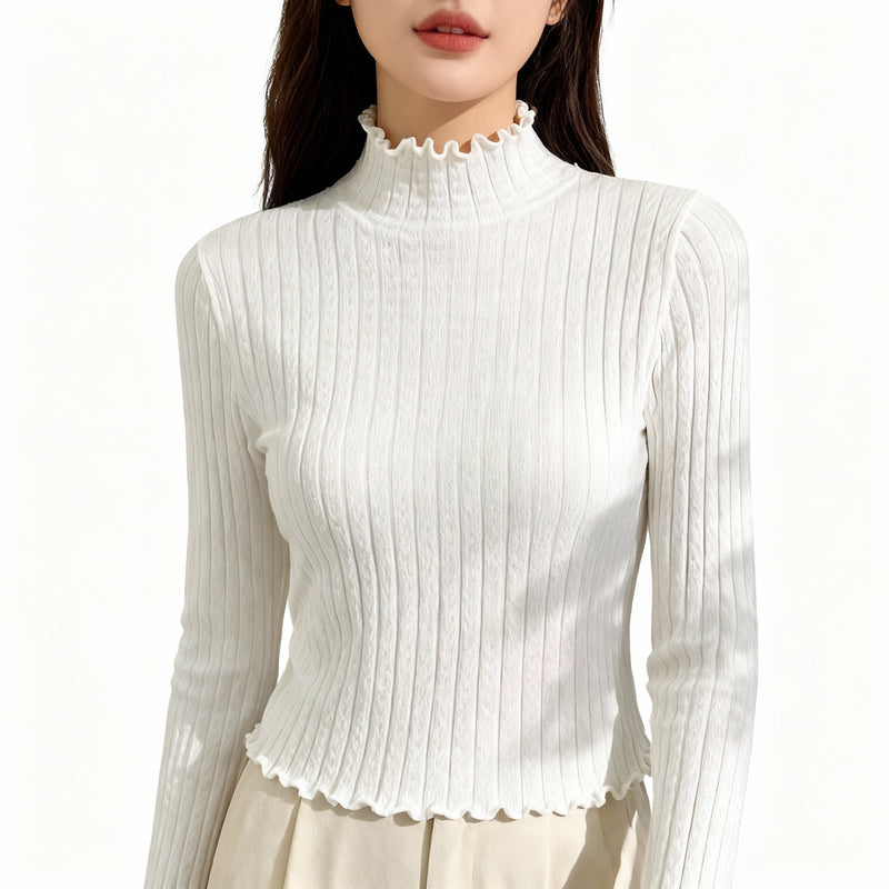 Women’s Ruffled Mock Neck Long Sleeve Slim Fit Base Layer Top Sweater