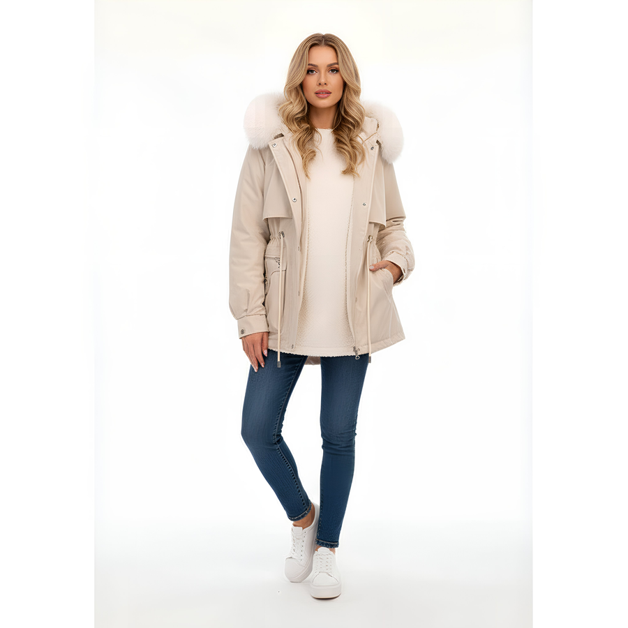 Women’s Faux Fur Hooded Parka Coat – Warm Winter Jacket, Drawstring Waist