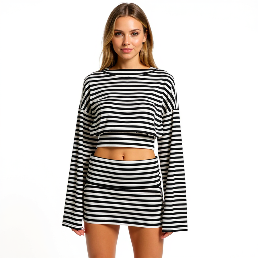 Women’s Striped Two-Piece Set – Batwing Sleeve Top and Mini Skirt Casual Outfit