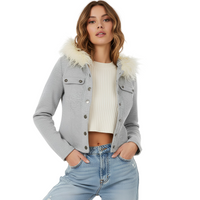 Women’s Faux Fur Hood Buttoned Zip Jacket – Gray Slim Fit Winter Outerwear