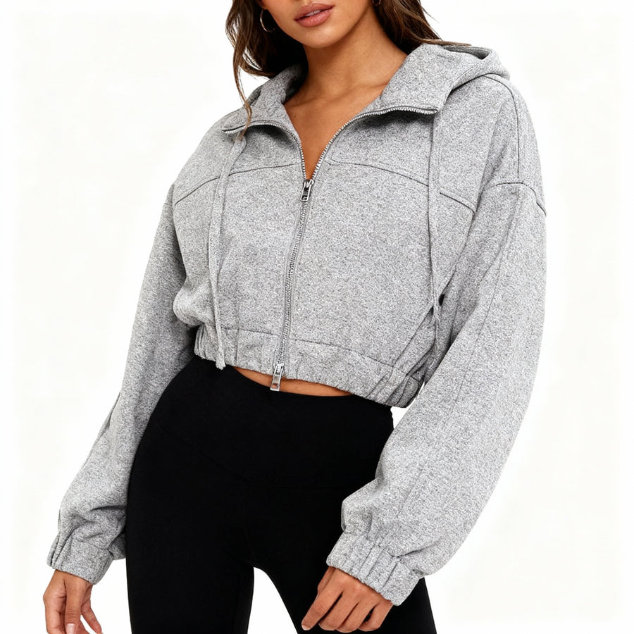 Women’s Gray Zip-Up Cotton Hoodie with Oversized Fit – Cropped Fall Layering Piece
