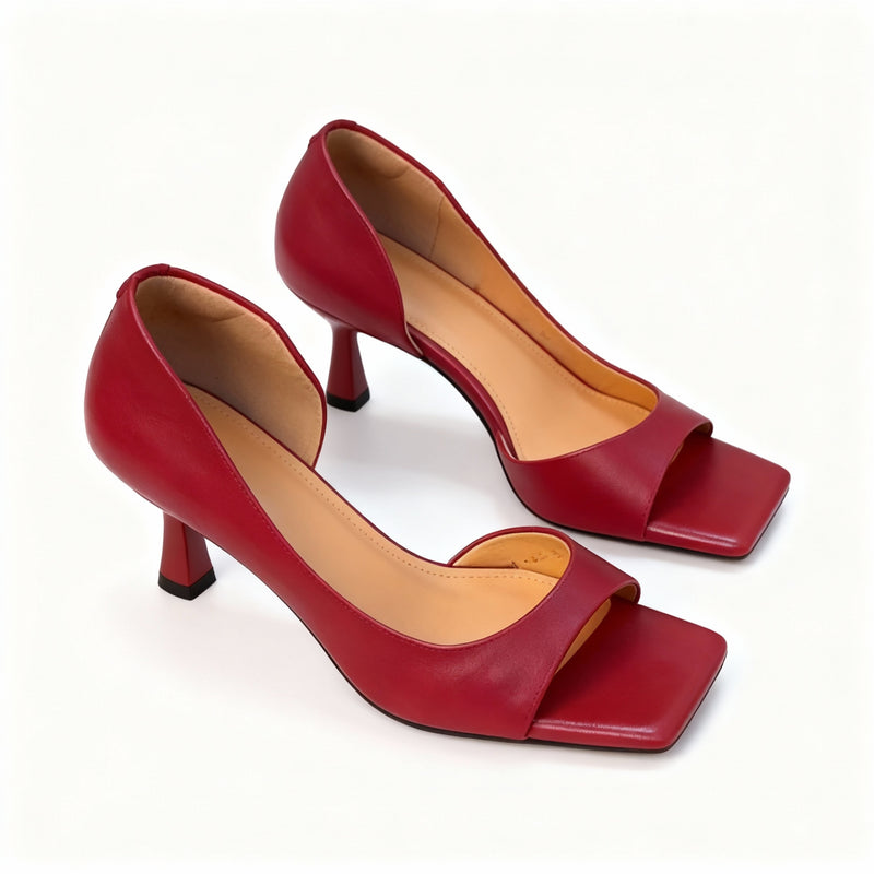 Women’s Leather Square-Toe Block Heels with Ankle Strap – French Retro Sandals