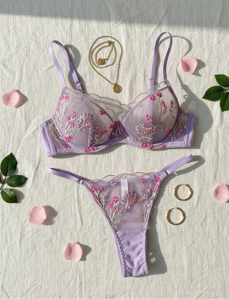 Women’s Floral Embroidered Mesh Lingerie Set Underwire Bra & Thong Panty
