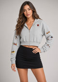 Aelfric Eden gray cropped dachshund embroidered zip-up hoodie, size Small