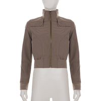 Women’s Stand Collar Button Waist Jacket – Brown Zip Front Cropped Outerwear