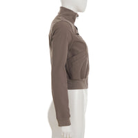 Women’s Stand Collar Button Waist Jacket – Brown Zip Front Cropped Outerwear