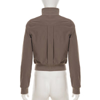 Women’s Stand Collar Button Waist Jacket – Brown Zip Front Cropped Outerwear