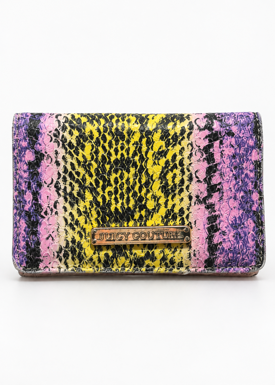 Juicy Couture yellow pink purple snakeskin bifold wallet front
