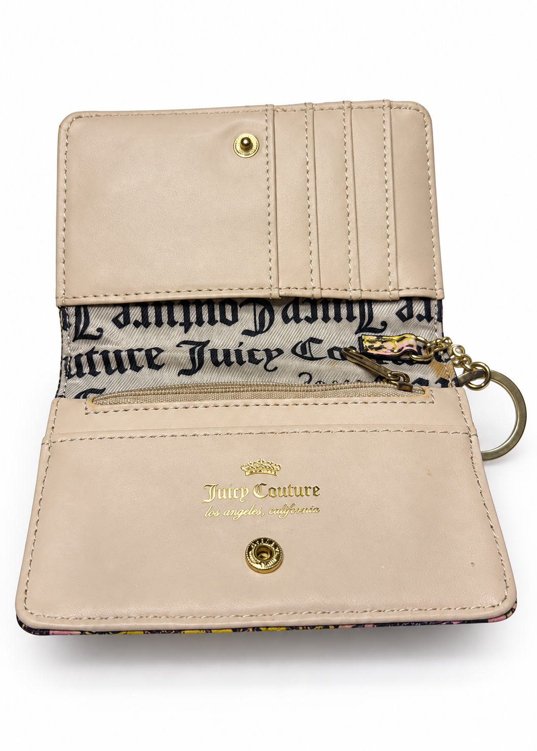 Juicy Couture wallet angled interior view with key ring and gold logo