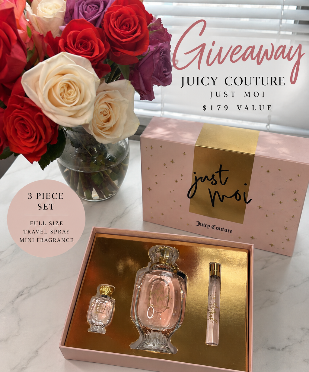 Juicy Couture Just Moi three-piece fragrance set with full-size bottle, travel spray, mini, and gift box beside roses