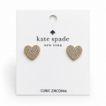 Kate Spade Yours Truly clear pave heart stud earrings on retail card, front view