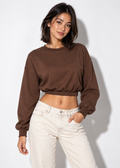 Keely cropped sweatshirt in brown, front view styled with ecru jeans