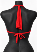 Red halter bikini top back showing neck knot and adjustable back ties