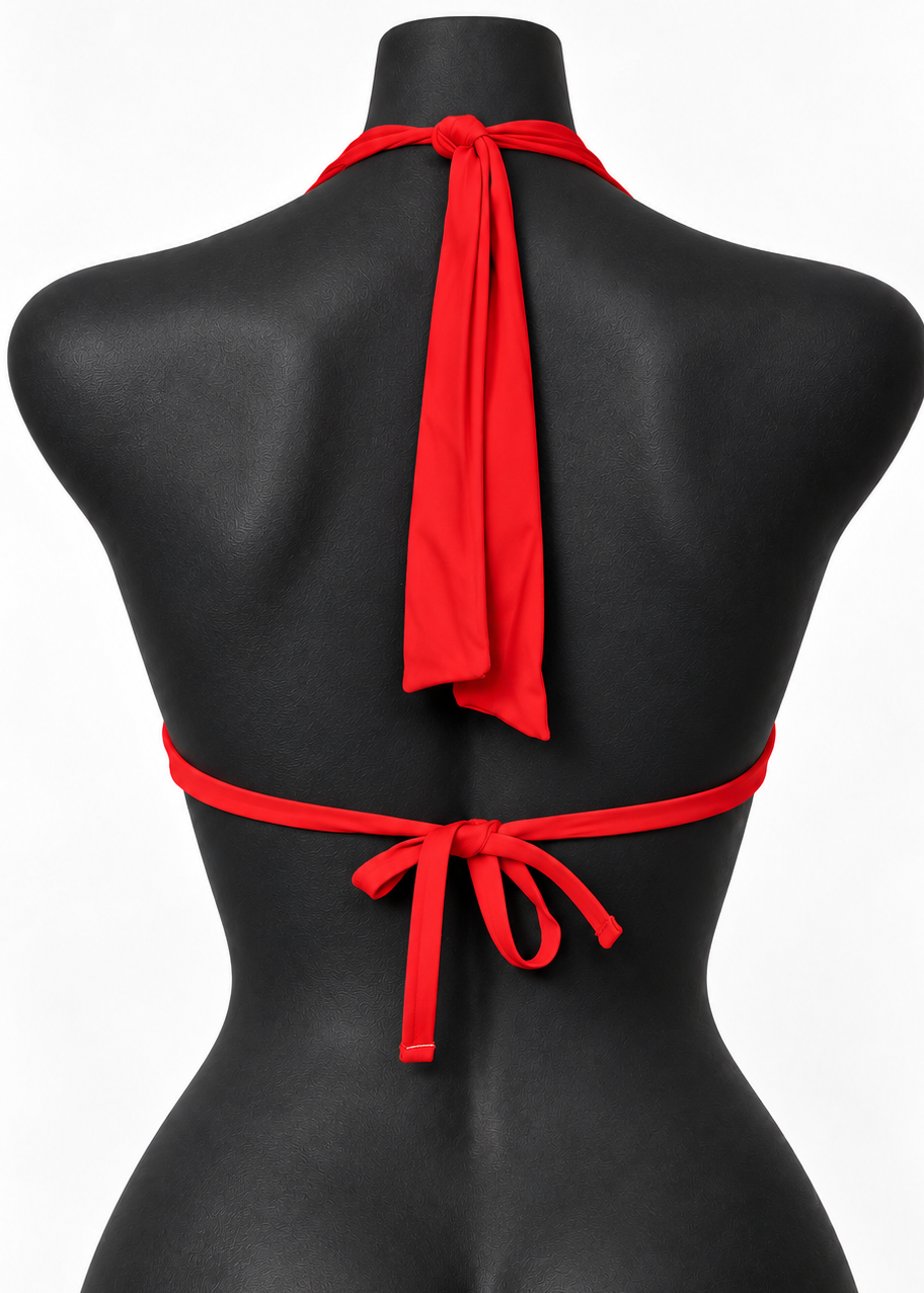 Red halter bikini top back showing neck knot and adjustable back ties