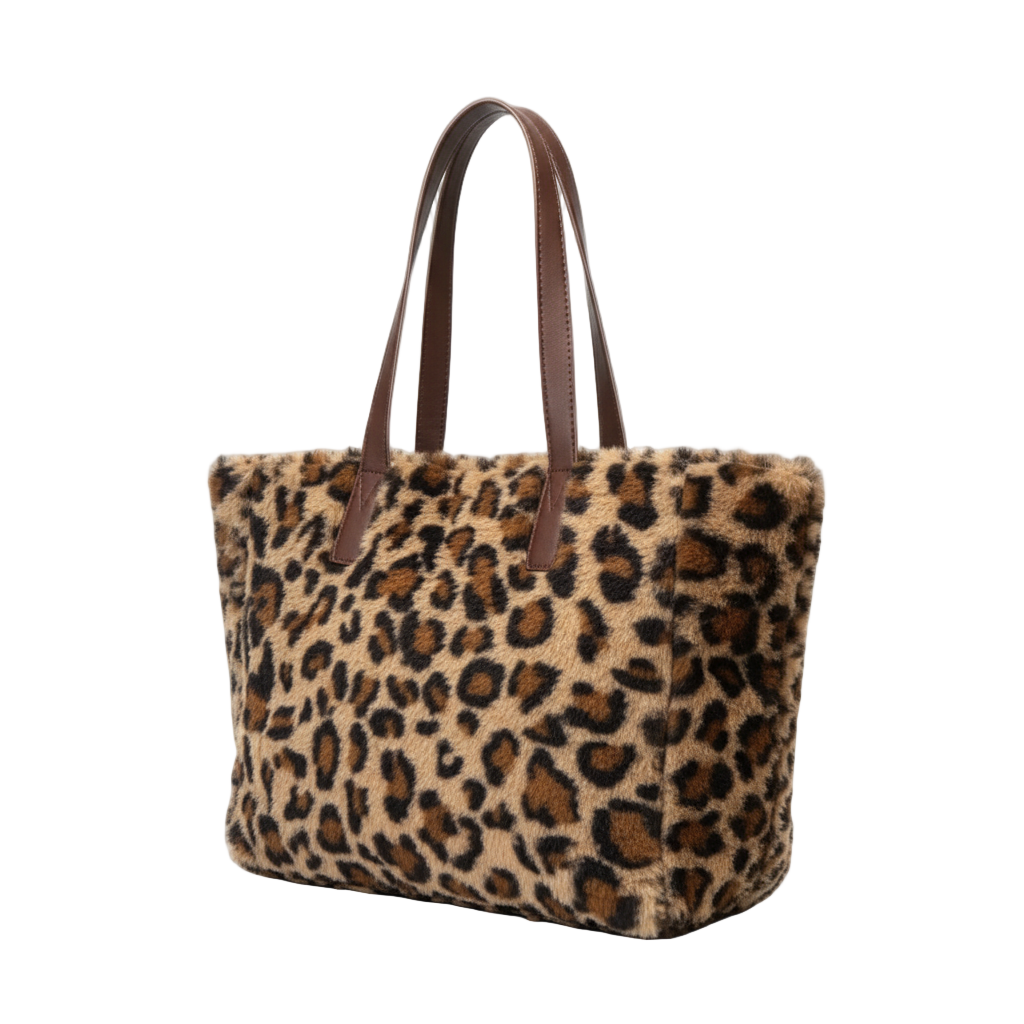 Leopard Print Faux Fur Tote Bag with Zip Closure