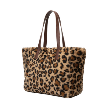 Leopard Print Faux Fur Tote Bag with Zip Closure