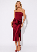 Lulus Red Tarni Strapless Midi Dress Satin Corset-Style - Gloss & Grit