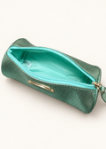 MAC mint green metallic barrel makeup bag, open zipper and mint interior