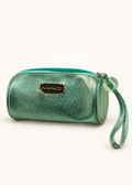 MAC mint green metallic barrel makeup bag, front view with wrist strap