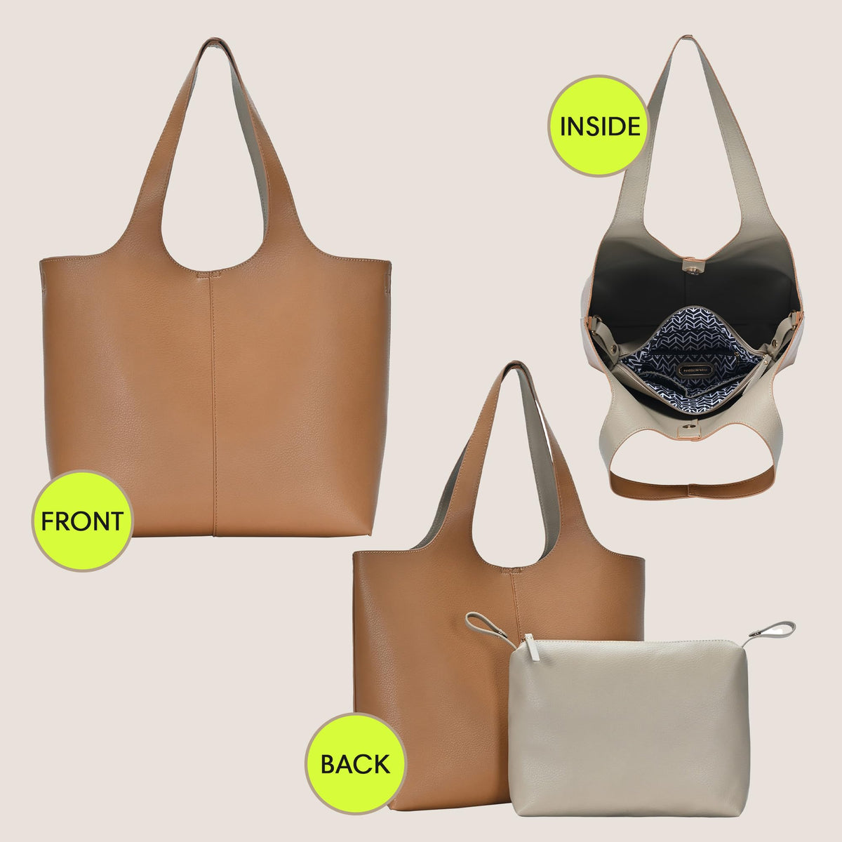 Madison West Elle Tote 2-in-1 Vegan Leather Tan Tote Bag