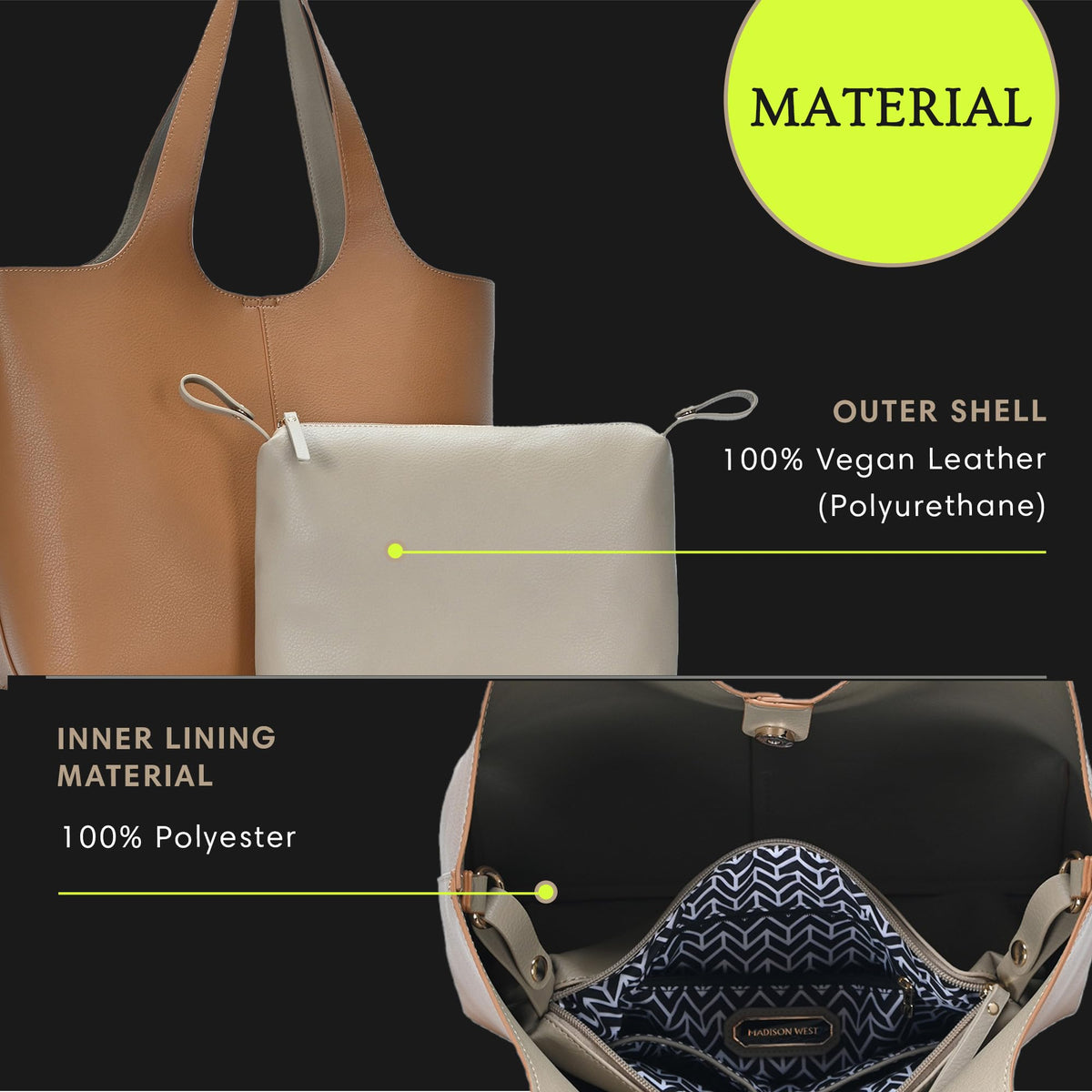 Madison West Elle Tote 2-in-1 Vegan Leather Tan Tote Bag