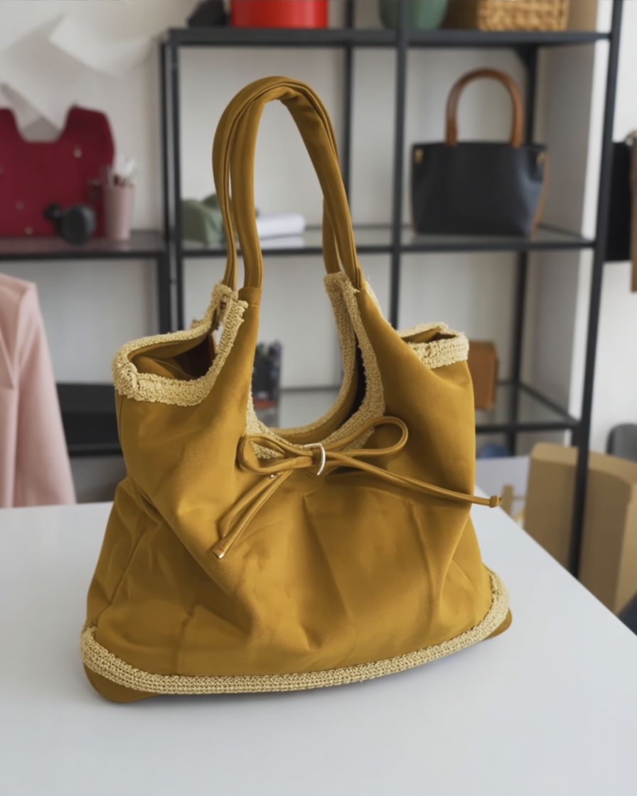 Faux Suede Shearling Tote Bag in Brown