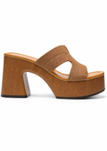 Side view of brown faux suede Maribel platform mules with wood-grain block heel