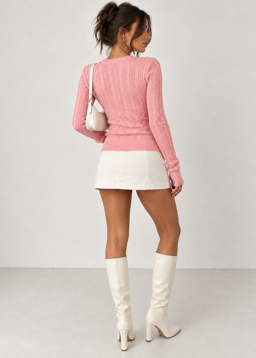 Marielle Cable Knit Top in pink, back view on model