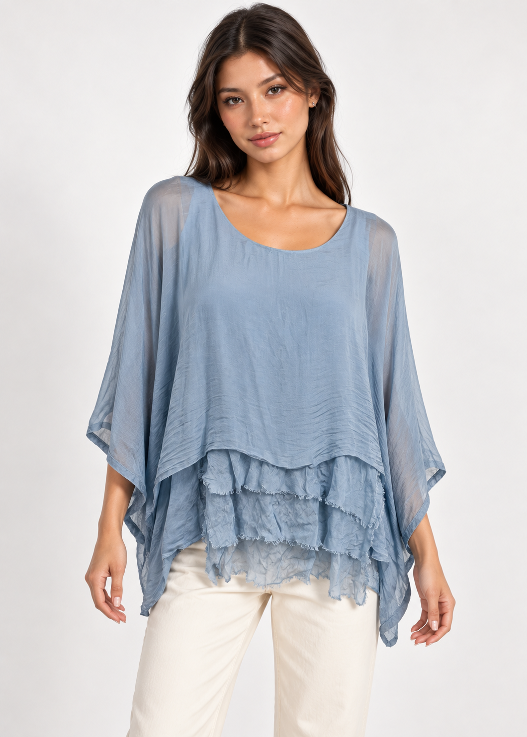 Mercantile light blue silk layered blouse on model, front view