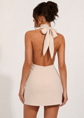 Mila Open Back Mini Dress in Apricot back view on model