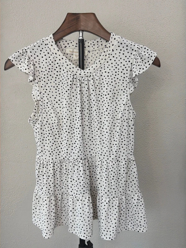 Monteau polka dot peplum top on hanger, front view