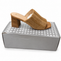 Newbella raffia block heel sandal displayed on original shoebox