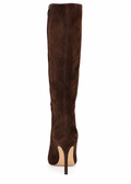 Nine West Gerty dark brown suede boot, rear view and stiletto heel