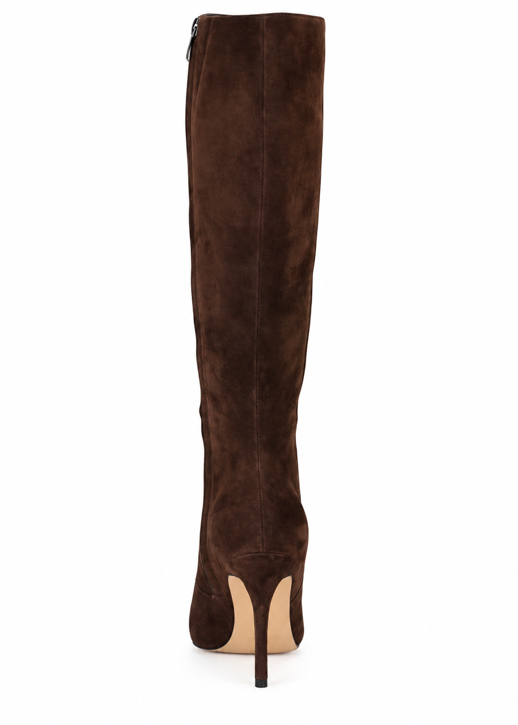 Nine West Gerty dark brown suede boot, rear view and stiletto heel