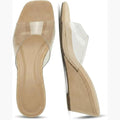 Oakmoo nude and clear wedge mule sandals, two-view product photo