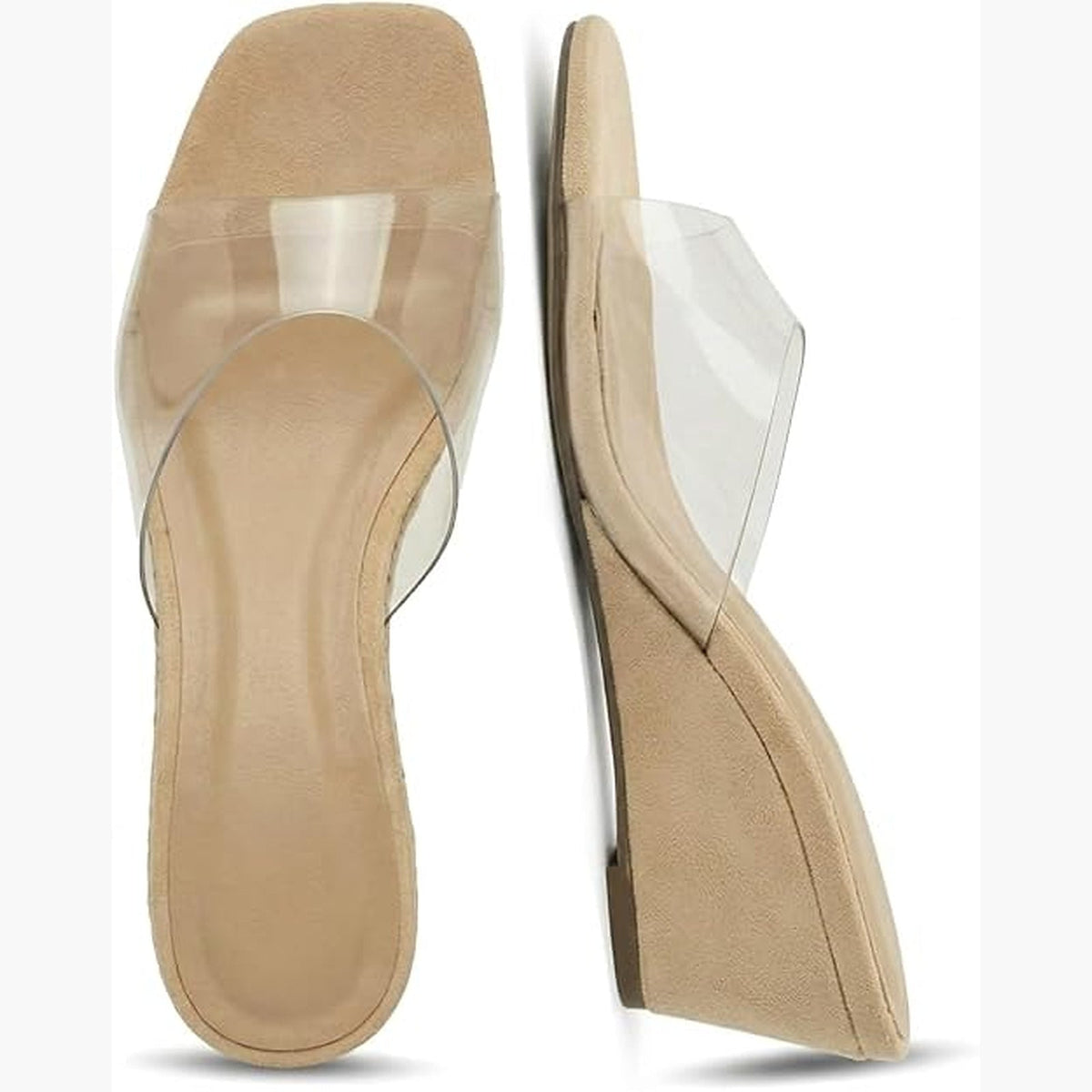 Oakmoo nude and clear wedge mule sandals, two-view product photo